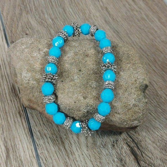 Blue & Silver Stones Beaded Bracelet Gemstones Beads Jewelry Jewel Trinket Gift - Picture 1 of 10